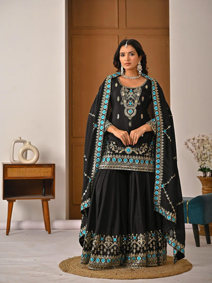 Designer Black Embroidered Kurti Sharara with Dupatta