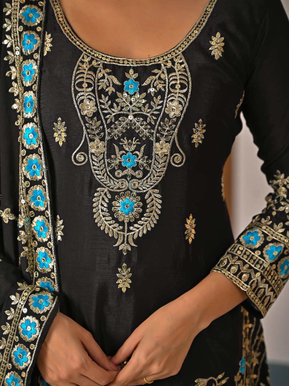 Designer Black Embroidered Kurti Sharara with Dupatta