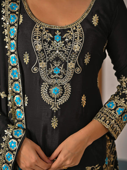Designer Black Embroidered Kurti Sharara with Dupatta