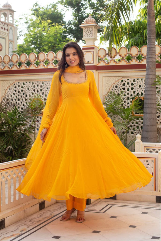 Yellow Premium Fox Georgette Anarkali Suit