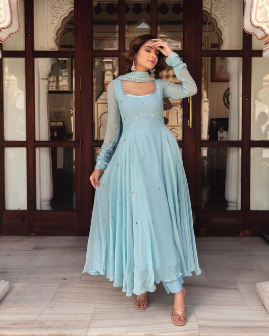 Sky Blue Fox Georgette Anarkali Suits