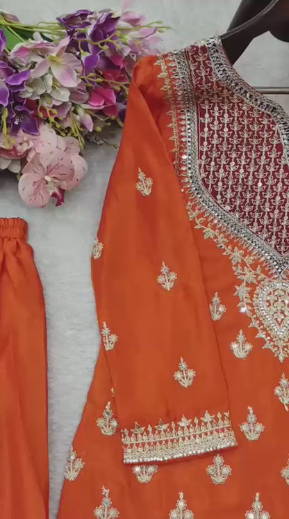 Elegent Orange Palazzo Suit With  Sequence Work And Mirror Diamonds