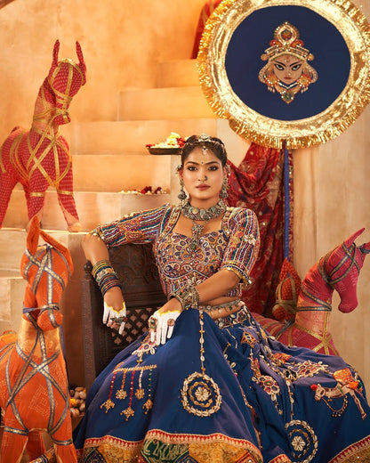 Navy Blue Muslin Cotton Lehenga Choli