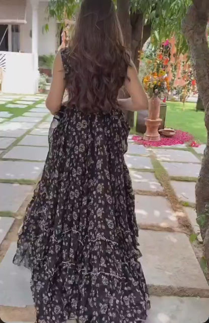 Fox Georgette Black Floral Print One Piece