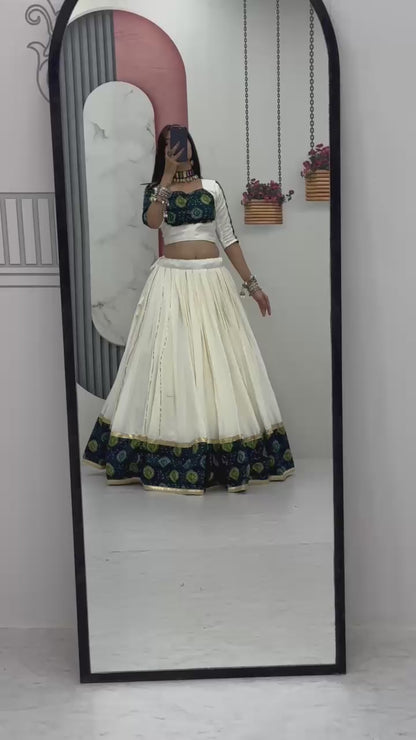 White & Green Pure Cotton Lehenga Choli