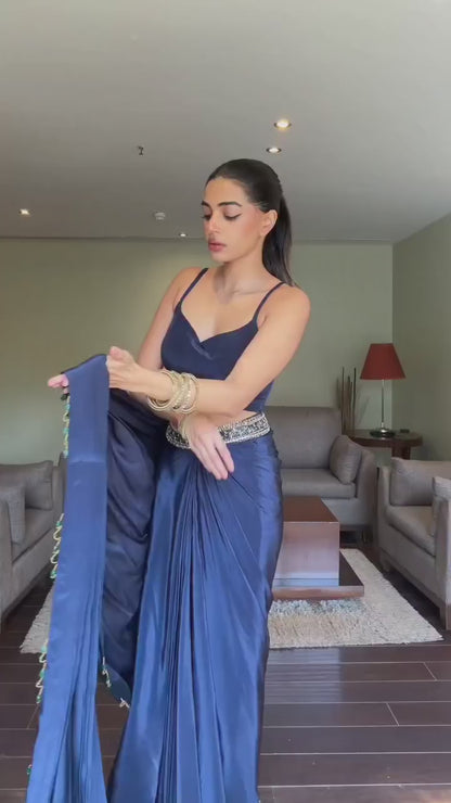 Ready To Wear Blue Chinnon Silk Multi Thread Saree
