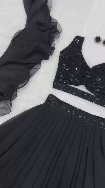 Delightful Black Georgette Lehenga With Sequence Blouse