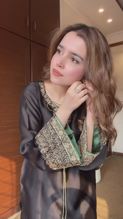 Designer Crepe Silk Black Kurta Set With Organza Dupatta