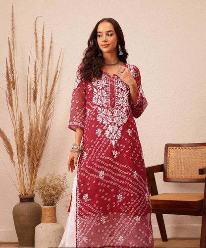 Maroon Elegants Bandhani Print Cotton Kurti