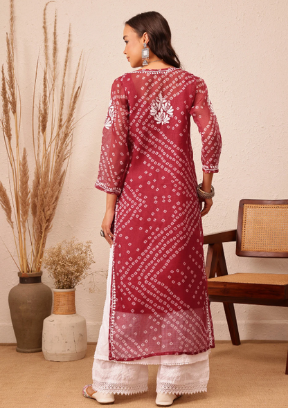 Maroon Elegants Bandhani Print Cotton Kurti