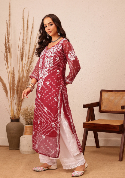 Maroon Elegants Bandhani Print Cotton Kurti