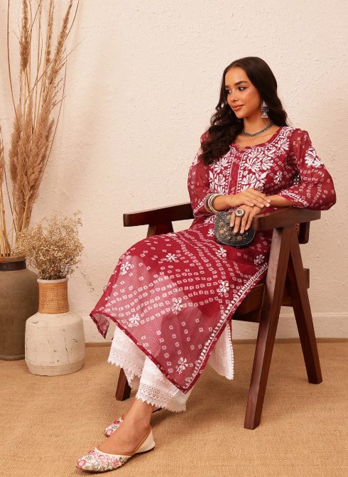 Maroon Elegants Bandhani Print Cotton Kurti