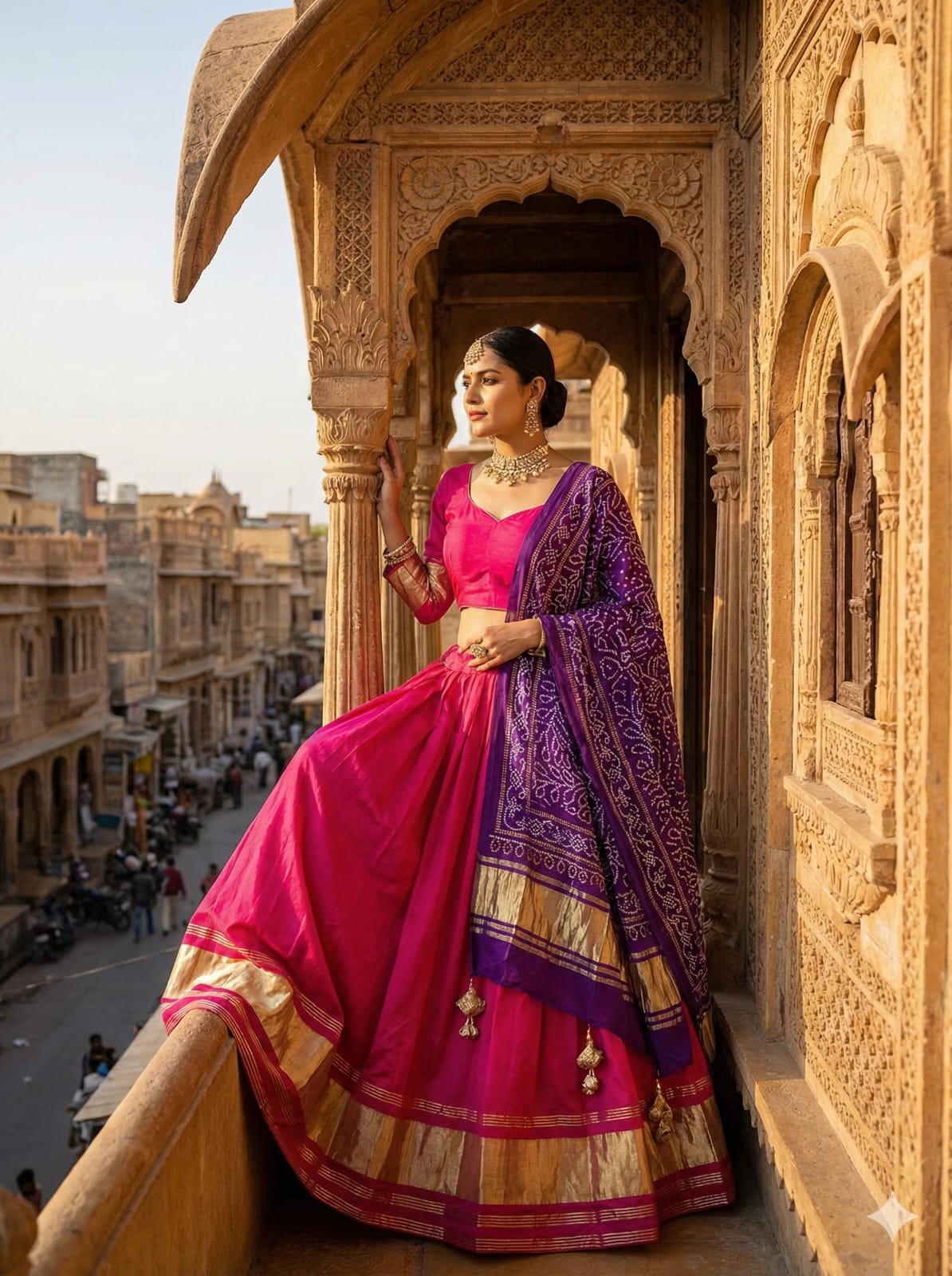 Navratri Special Rani Pink Lehenga with Purple Dupatta in Modal Semi Gaji Silk fabric