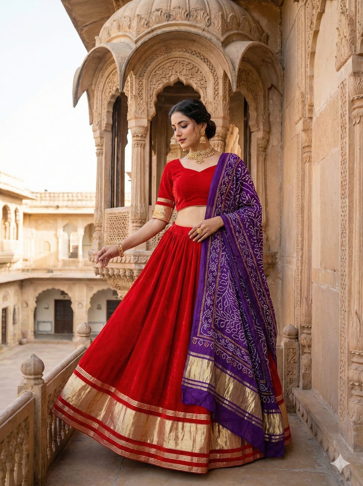Modal Semi Gaji Silk Lehenga With Purple Bandhej Print Dupatta