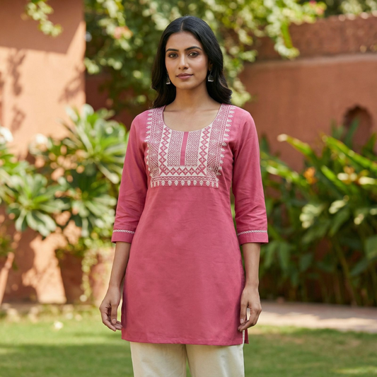 Rayon Rose Straight Kurta With Traditional Embroidery