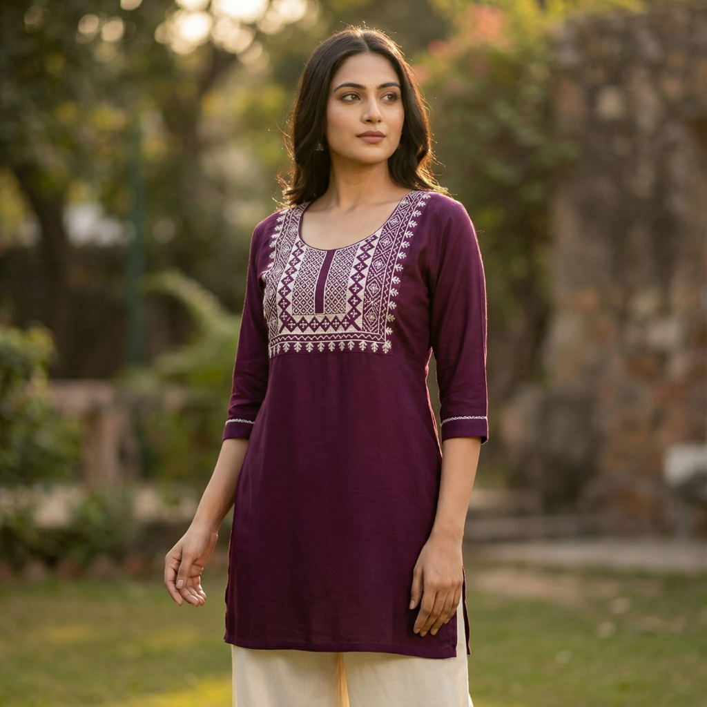 Royal Wine Embroidered Rayon Kurta