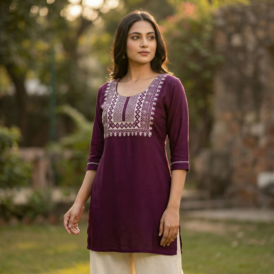 Royal Wine Embroidered Rayon Kurta