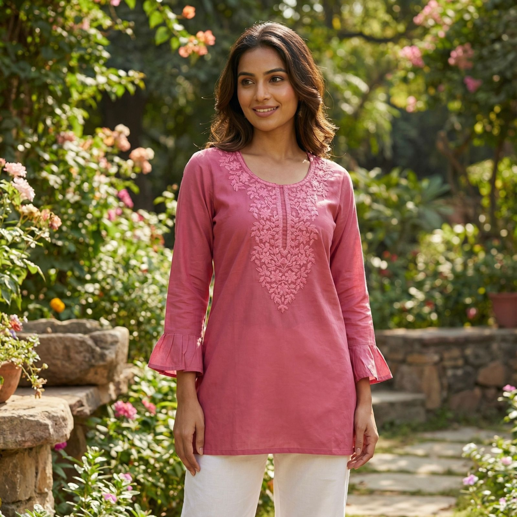 Pink Short length Kurti with Chikan Work