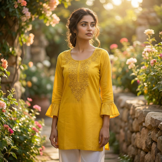 Yellow Short Top With Beautiful Chikankari Work