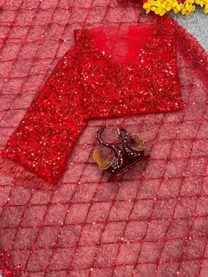 Red Desgner Soft Net Saree