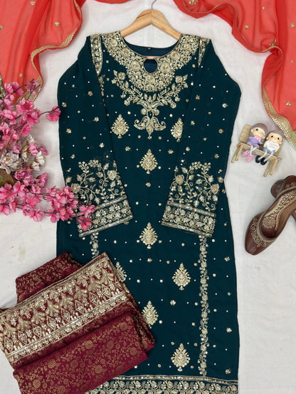 Beautiful Georgette Teal Embroidered Suit Set
