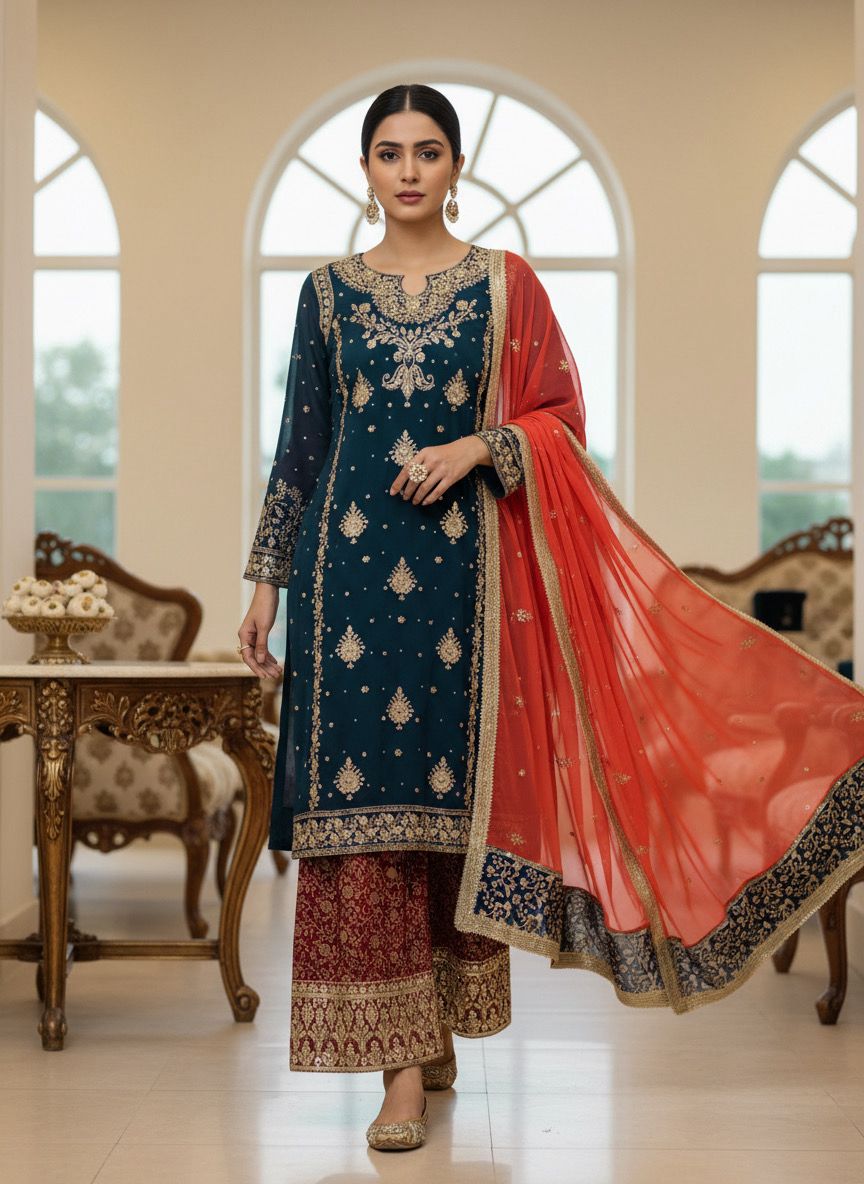 Beautiful Georgette Teal Embroidered Suit Set