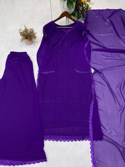 Purple Designer Embroidery Kurti