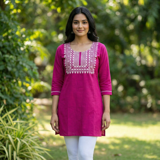 Elegent Rani Pink Top With Embroidery Detailing