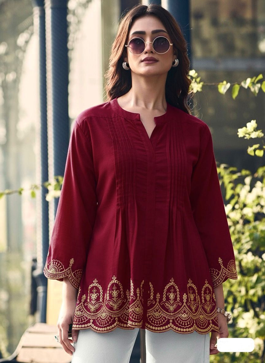 Maroon Ethnic Embroidered Kurti with Border