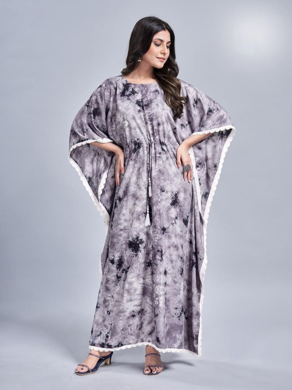 Modern Grey Tie-Dye Kaftan Long Dress